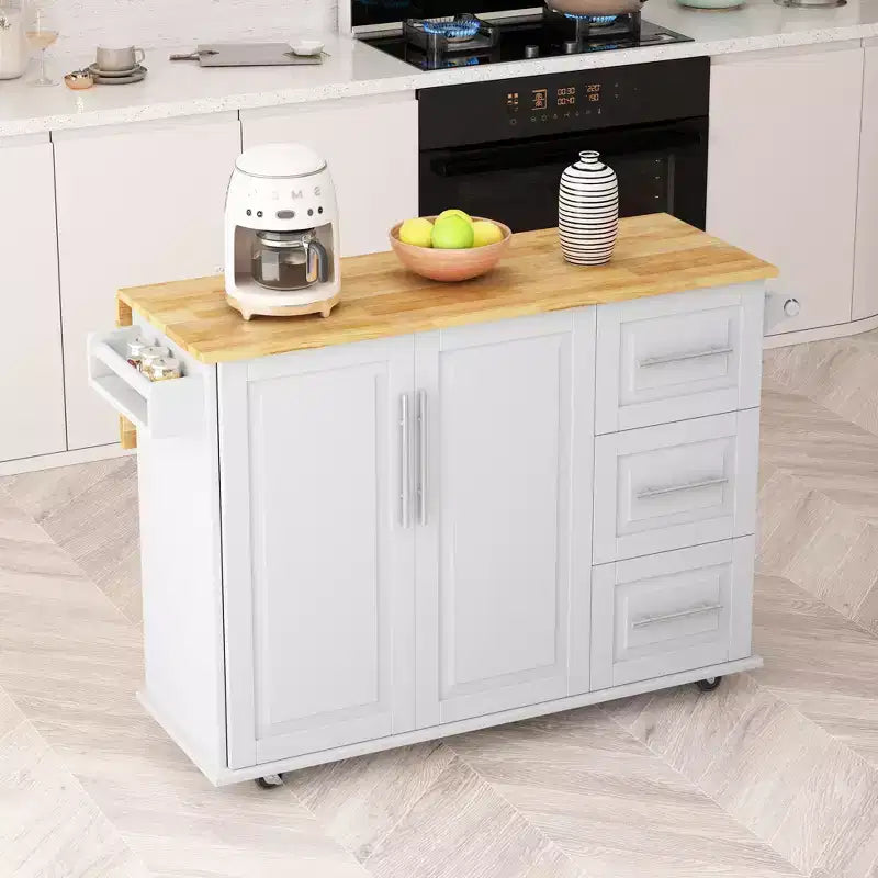 Carrello da cucina su isola in legno massello bianco con armadietto a 2 ante, 3 cassetti e portacondimenti