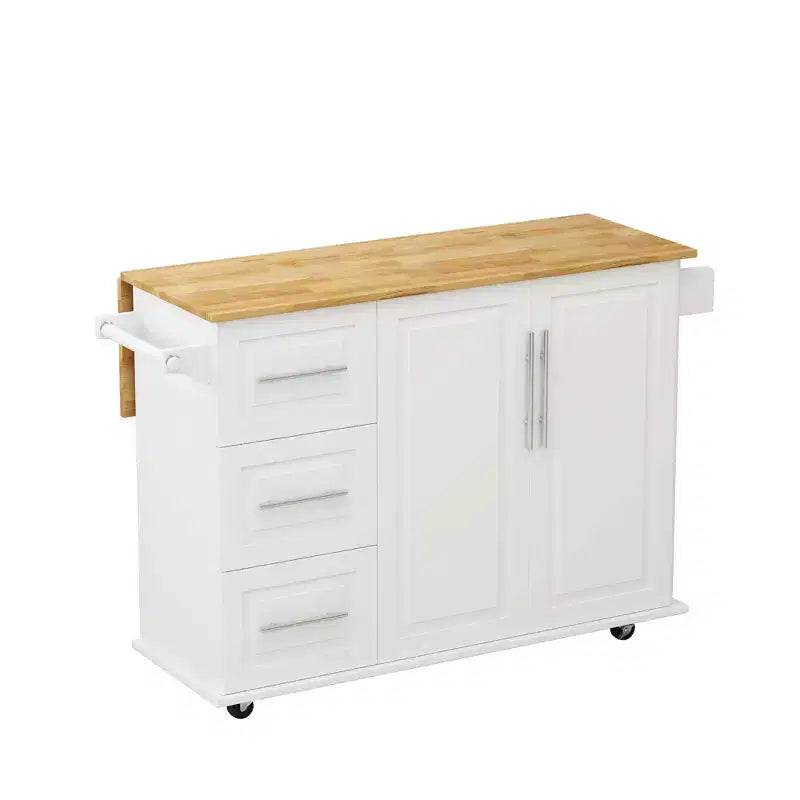 Carrello da cucina su isola in legno massello bianco con armadietto a 2 ante, 3 cassetti e portacondimenti