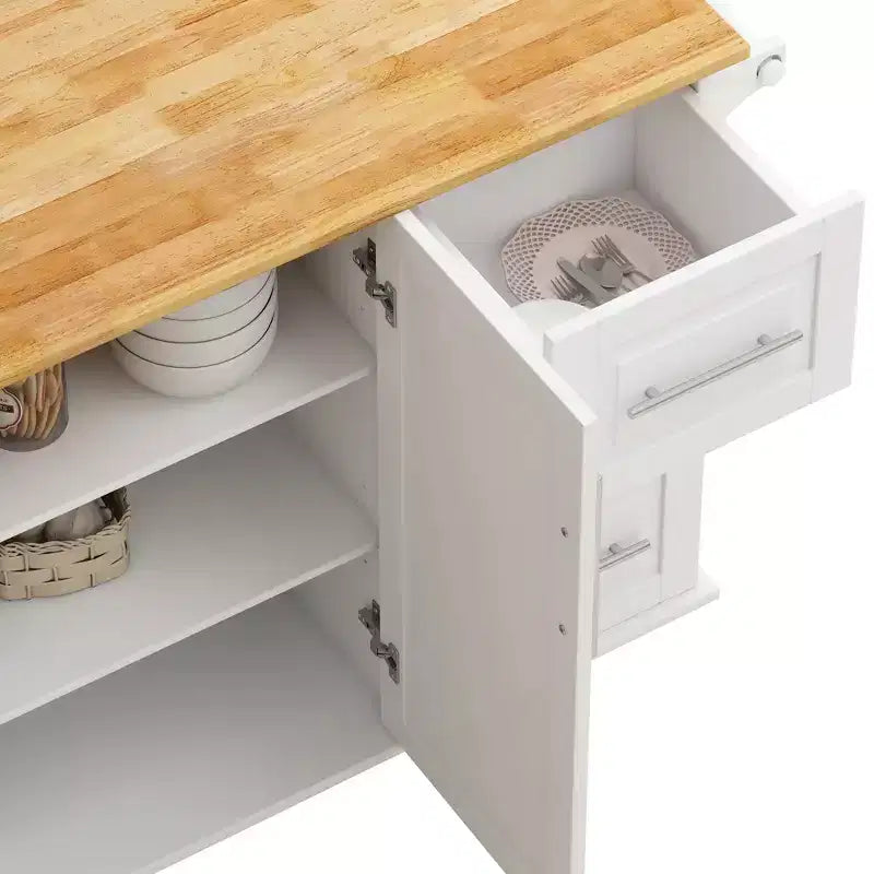 Carrello da cucina su isola in legno massello bianco con armadietto a 2 ante, 3 cassetti e portacondimenti