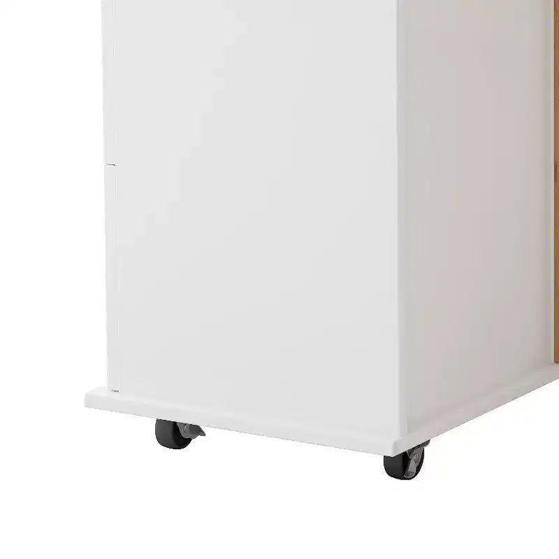 Carrello da cucina su isola in legno massello bianco con armadietto a 2 ante, 3 cassetti e portacondimenti