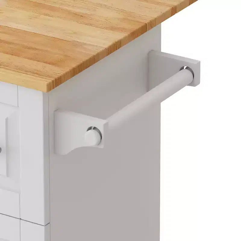 Carrello da cucina su isola in legno massello bianco con armadietto a 2 ante, 3 cassetti e portacondimenti