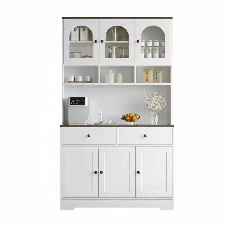 GustoWave Farmhouse Kitchen Pantry Cabinet, 71 Tall Food Storage Hutch with Open Shelves, Countertop & Glass Door Display for Dining Room