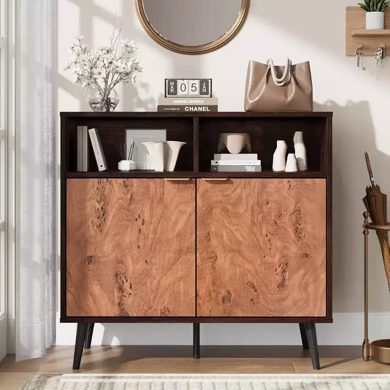 Mobile buffet da cucina rustico da 31,5" con ante scorrevoli a persiana – Credenza in legno rustico