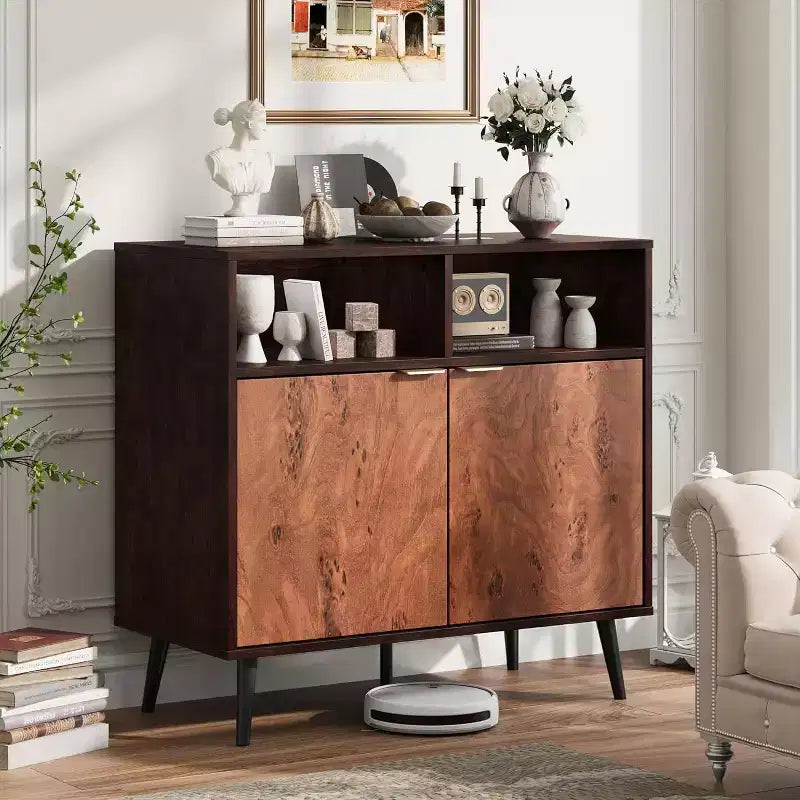 Mobile buffet da cucina rustico da 31,5" con ante scorrevoli a persiana – Credenza in legno rustico