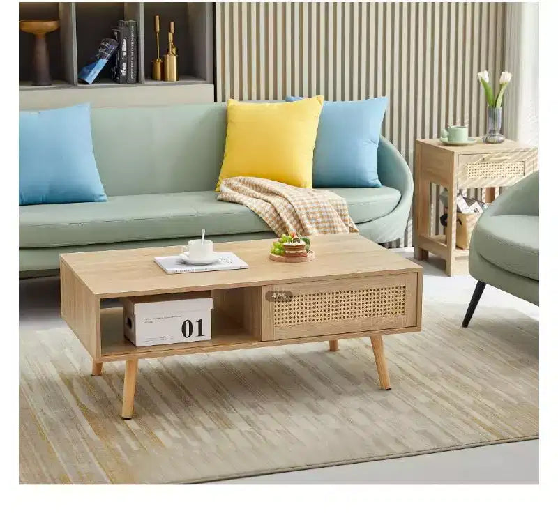 Tavolino da caffè in Legno Massello e MDF con Rattan 41,34" – Tavolo Boho Naturale per Soggiorno