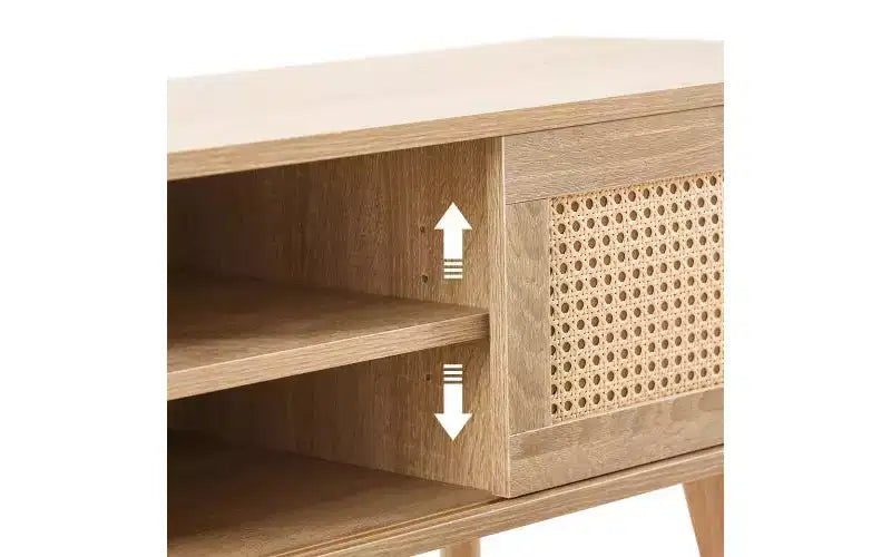 Mobile TV in Rattan da 35,5" con Doppie Ante Scorrevoli e Ripiani Regolabili – Naturale