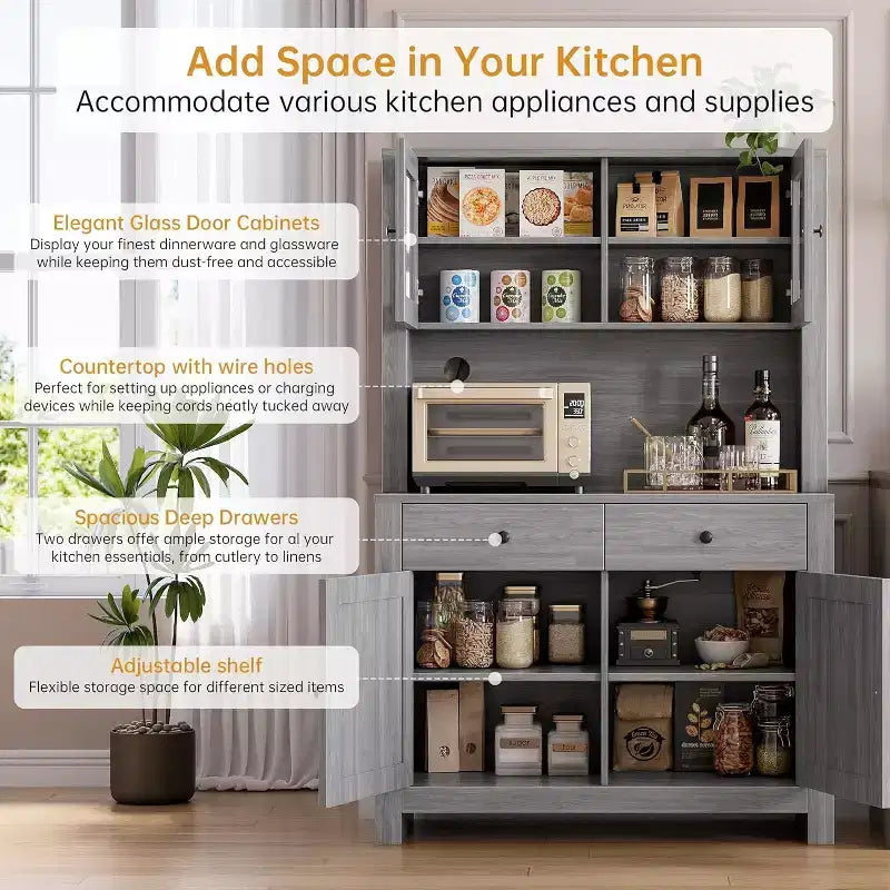Dispensa da Cucina con Supporto per Microonde – Credenza Autoportante con Armadietto e Vano Contenitore Alto