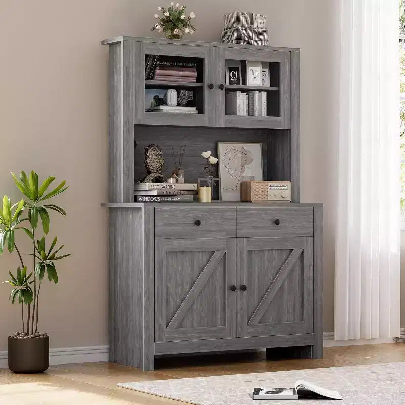 Dispensa da Cucina con Supporto per Microonde – Credenza Autoportante con Armadietto e Vano Contenitore Alto