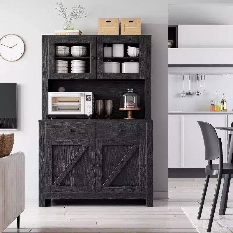 Dispensa da Cucina con Supporto per Microonde – Credenza Autoportante con Armadietto e Vano Contenitore Alto