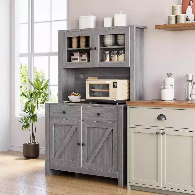 Dispensa da Cucina con Supporto per Microonde – Credenza Autoportante con Armadietto e Vano Contenitore Alto