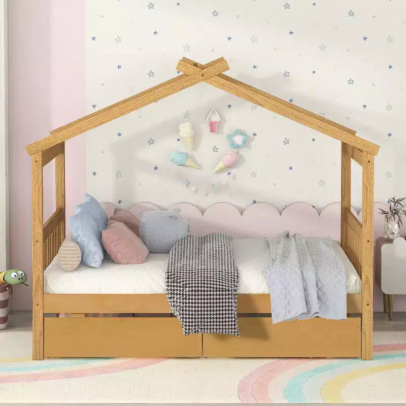 Letto a Casina in Legno con 2 Cassetti Contenitore – Struttura per Letto Montessori Singolo/Matrimoniale