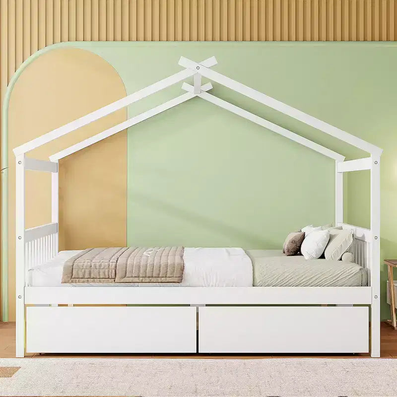 Letto a Casina in Legno con 2 Cassetti Contenitore – Struttura per Letto Montessori Singolo/Matrimoniale
