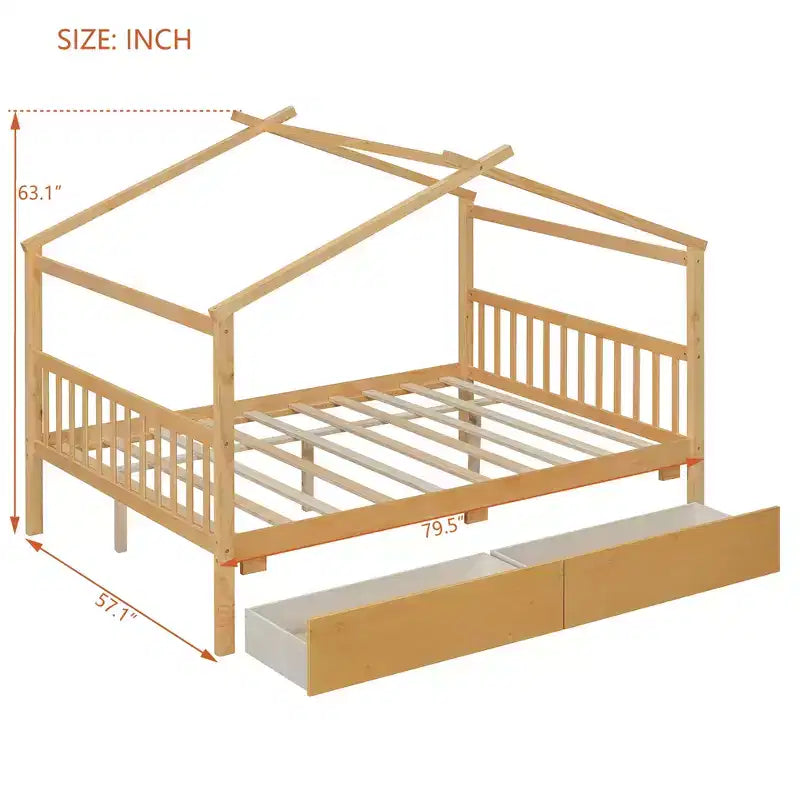 Letto a Casina in Legno con 2 Cassetti Contenitore – Struttura per Letto Montessori Singolo/Matrimoniale