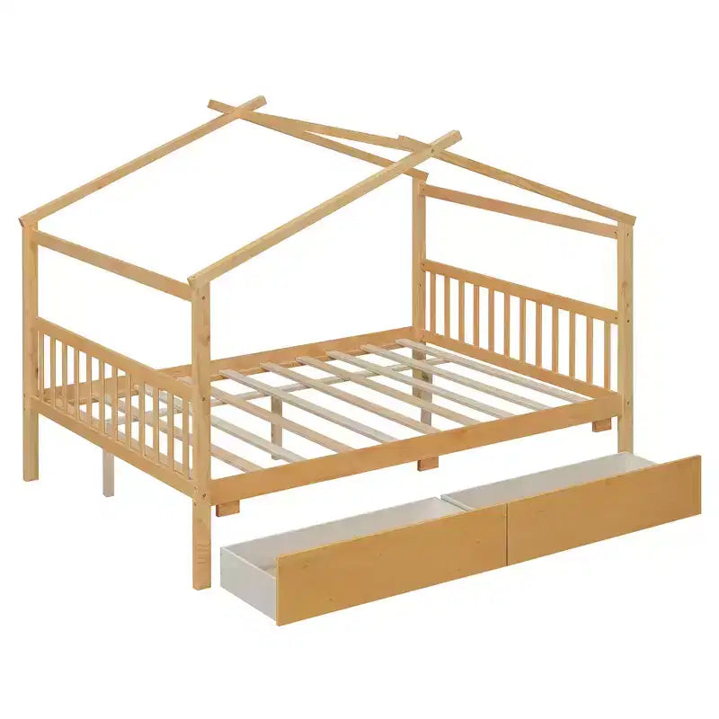Letto a Casina in Legno con 2 Cassetti Contenitore – Struttura per Letto Montessori Singolo/Matrimoniale