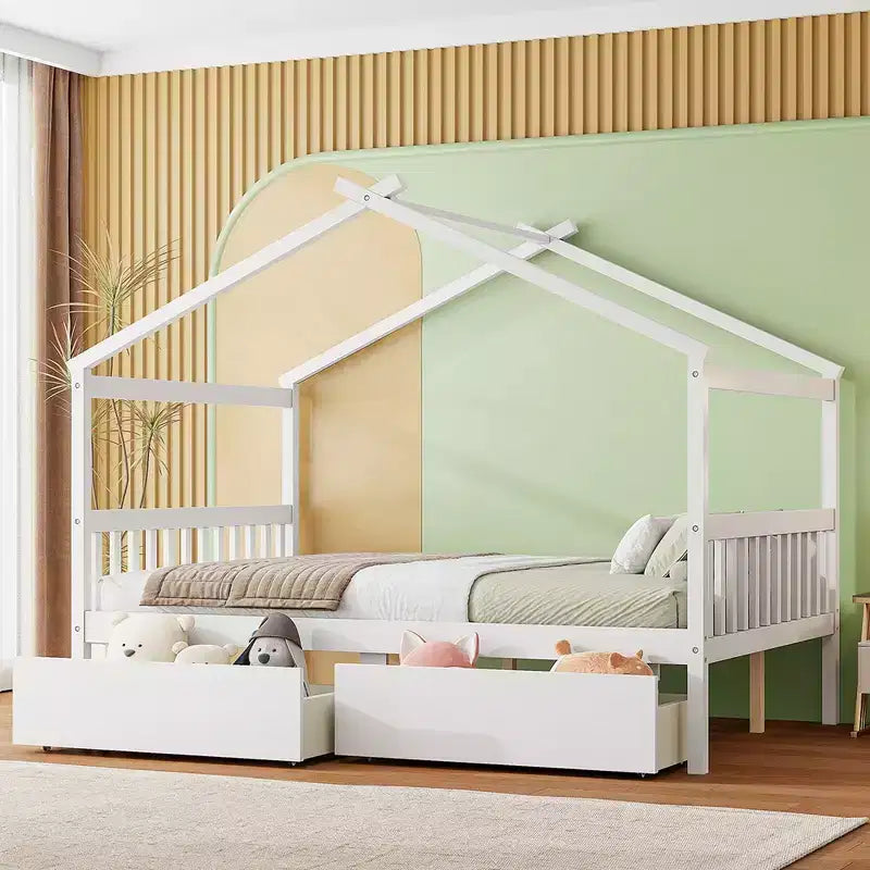 Letto a Casina in Legno con 2 Cassetti Contenitore – Struttura per Letto Montessori Singolo/Matrimoniale