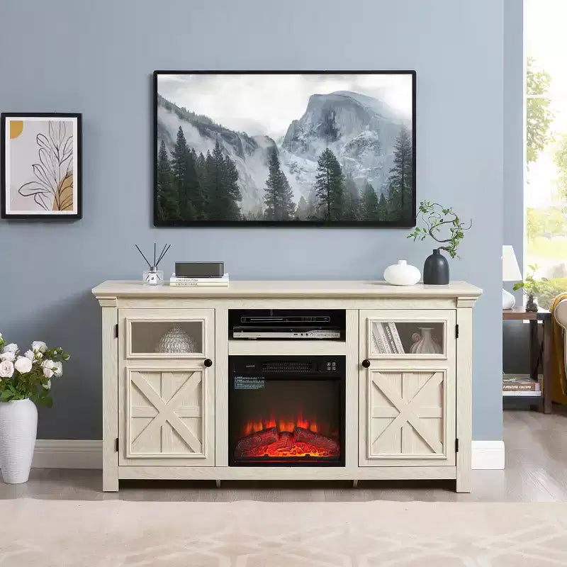 Mobile porta TV da 60" in stile rustico moderno – Centro di intrattenimento bianco con doppia anta scorrevole a granaio
