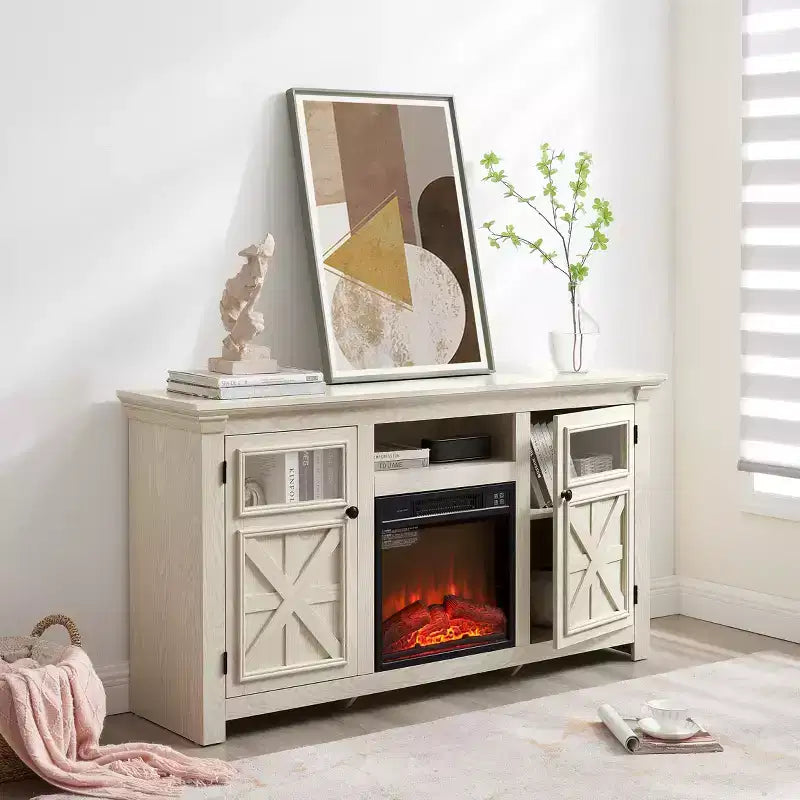 Mobile porta TV da 60" in stile rustico moderno – Centro di intrattenimento bianco con doppia anta scorrevole a granaio