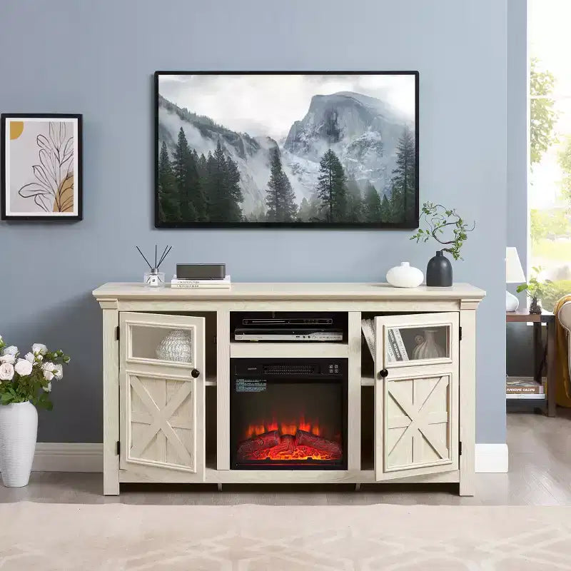Mobile porta TV da 60" in stile rustico moderno – Centro di intrattenimento bianco con doppia anta scorrevole a granaio