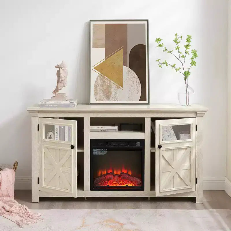 Mobile porta TV da 60" in stile rustico moderno – Centro di intrattenimento bianco con doppia anta scorrevole a granaio