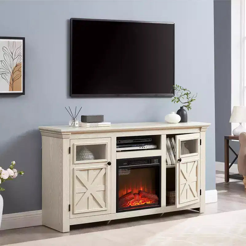 Mobile porta TV da 60" in stile rustico moderno – Centro di intrattenimento bianco con doppia anta scorrevole a granaio