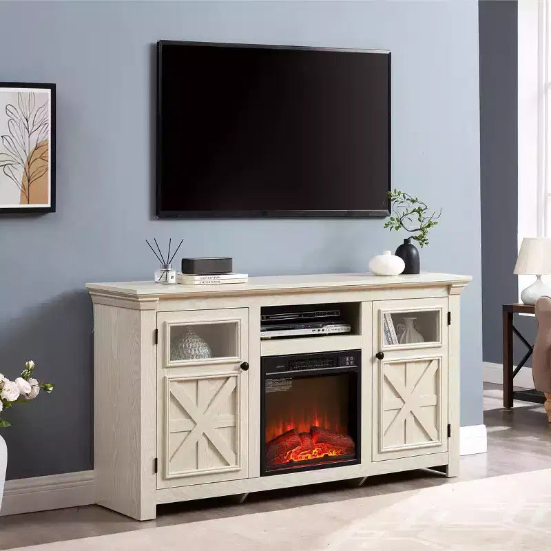 Mobile porta TV da 60" in stile rustico moderno – Centro di intrattenimento bianco con doppia anta scorrevole a granaio