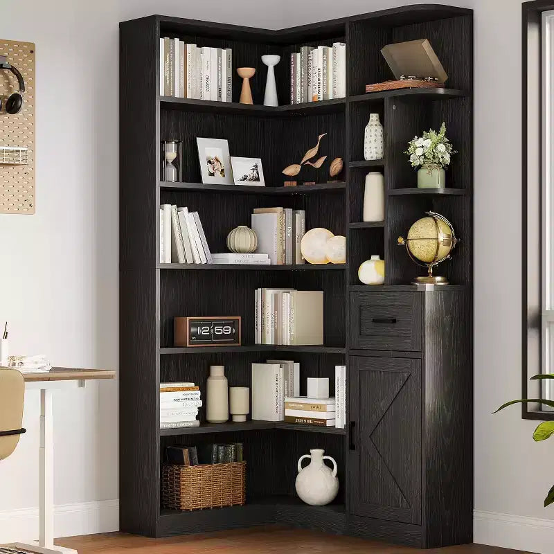 74 Tall Corner Bookshelf with 6 Open Shelves, Drawer & Cabinets, Modern L-Shaped Storage Bookcase for Living Room, Office, or Bedroom Display