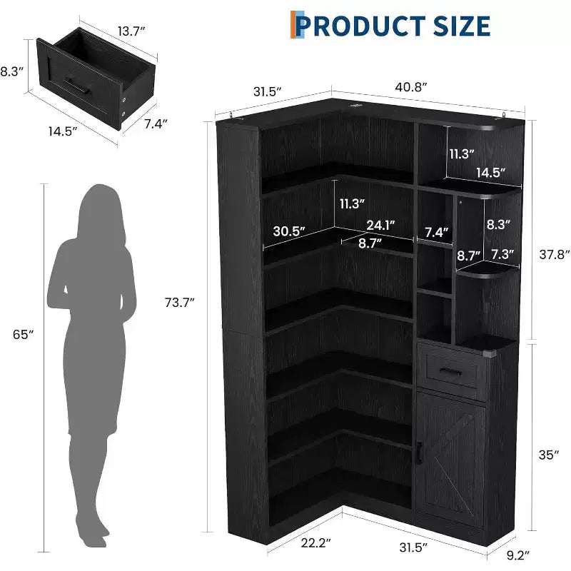Libreria ad angolo a forma di L alta 188 cm con 6 ripiani aperti, cassetto e armadietti