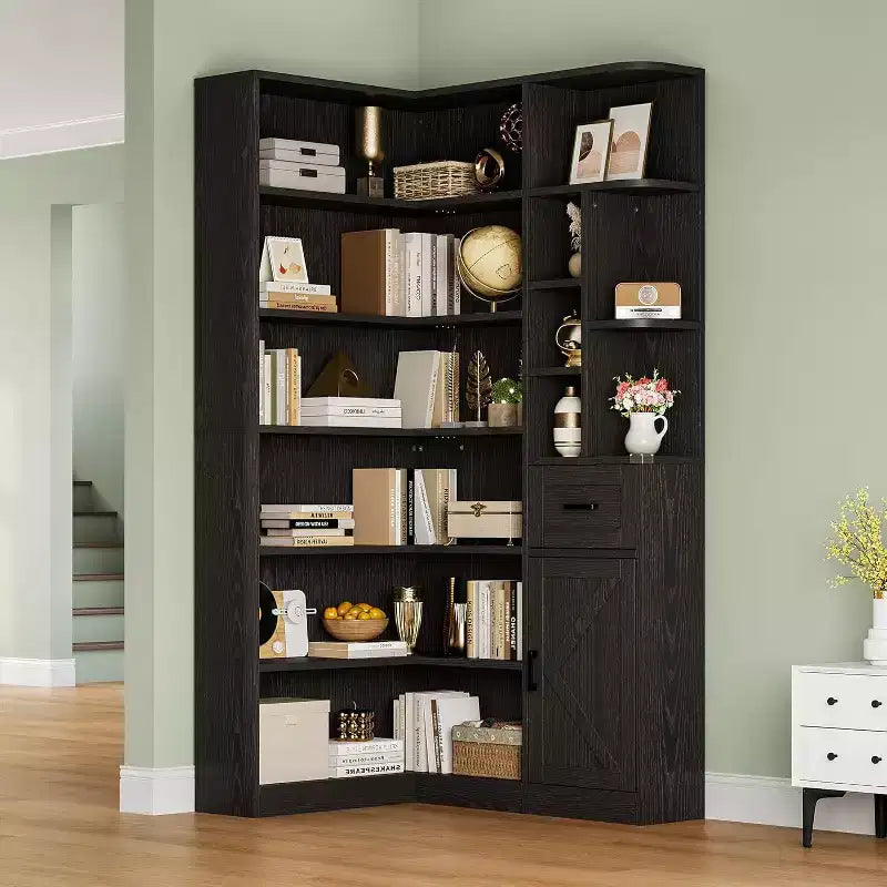 Libreria ad angolo a forma di L alta 188 cm con 6 ripiani aperti, cassetto e armadietti