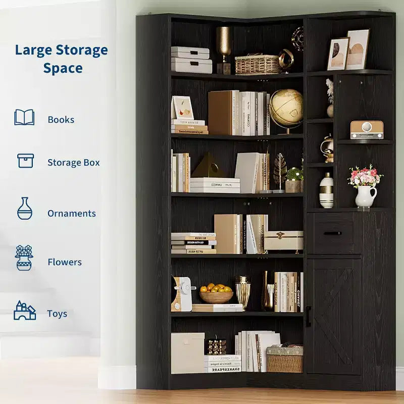 Libreria ad angolo a forma di L alta 188 cm con 6 ripiani aperti, cassetto e armadietti