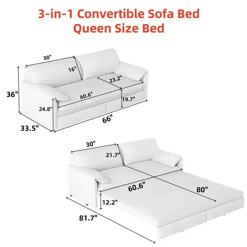 Divano letto matrimoniale Queen in velluto 3 in 1 – Divano convertibile estraibile da 66" con tasche laterali portaoggetti