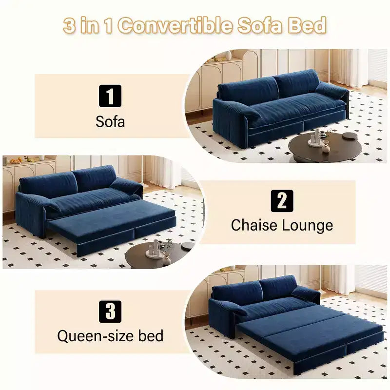 Divano letto matrimoniale Queen in velluto 3 in 1 – Divano convertibile estraibile da 66" con tasche laterali portaoggetti