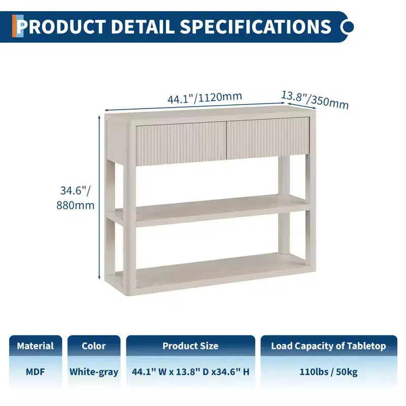 Consolle in legno scanalato alta 87,9 cm con 3 ripiani e 2 cassetti – Grigio bianco