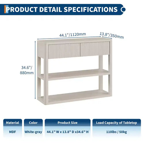 Consolle in legno scanalato alta 87,9 cm con 3 ripiani e 2 cassetti – Grigio bianco