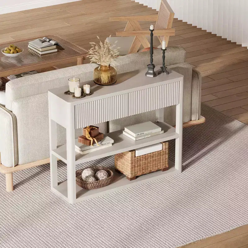 Consolle in legno scanalato alta 87,9 cm con 3 ripiani e 2 cassetti – Grigio bianco