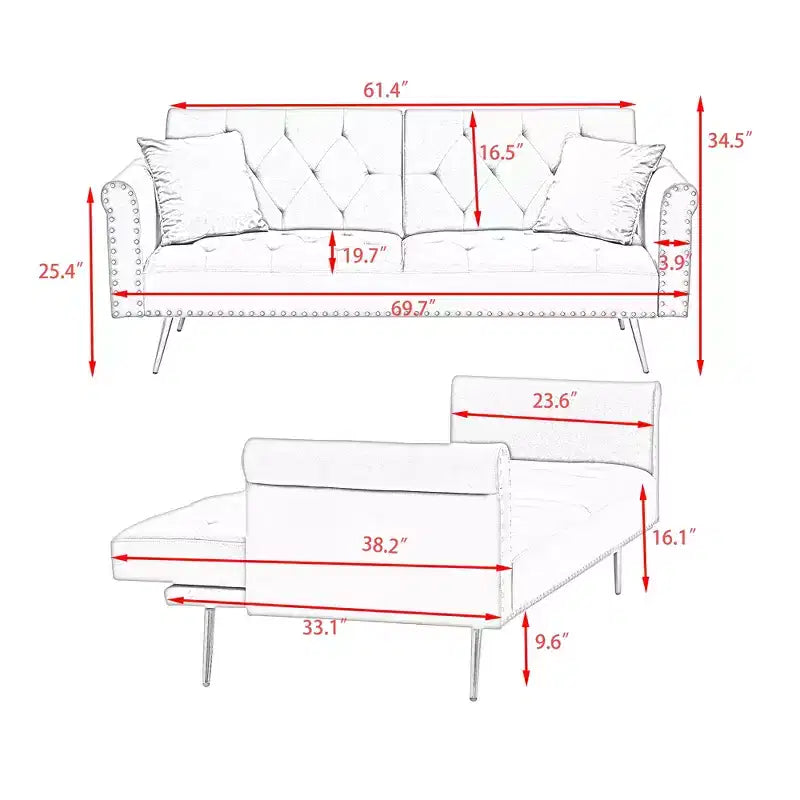 Divano letto moderno da 70" in legno e velluto – Divano letto trasformabile