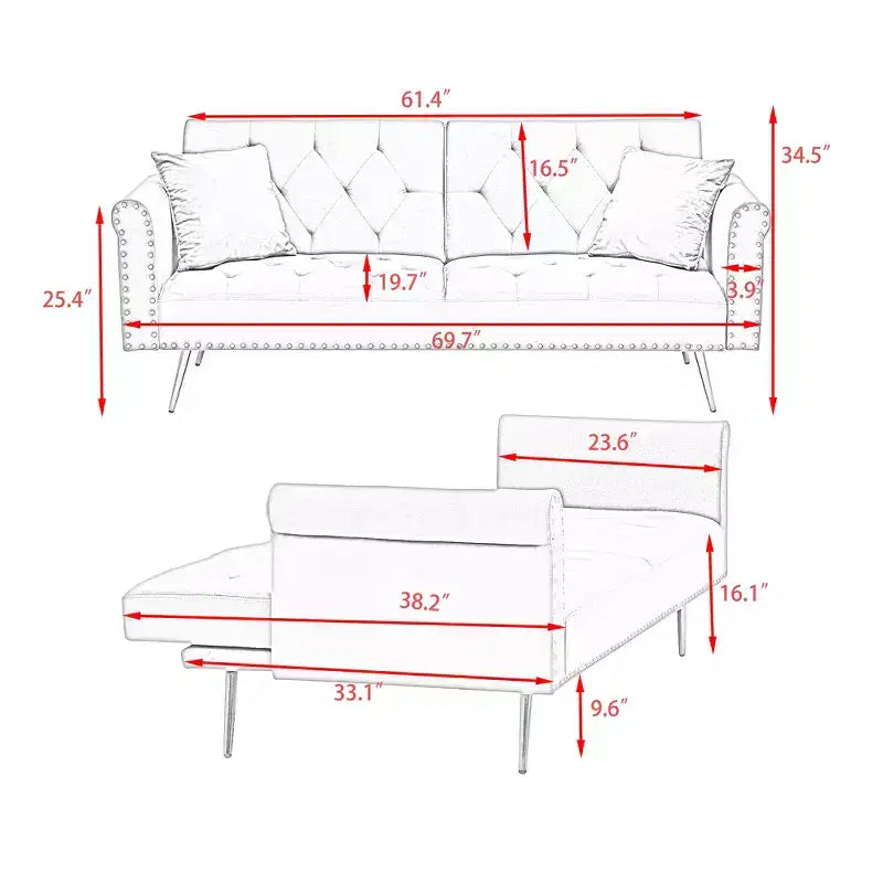 Divano letto moderno da 70" in legno e velluto – Divano letto trasformabile