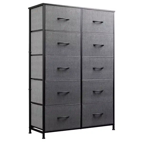 Metal Frame 10-Tier Fabric Drawer Cabinet, Gray Tall Vanity Storage Tower, Bedroom Living Room Closet Multifunctional Organizer