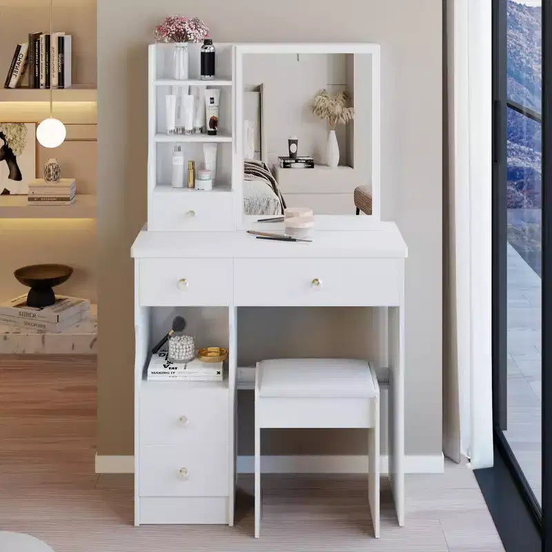 Toeletta Compatta con Sgabello Imbottito – Tavolo da Trucco da 74 cm con Specchio