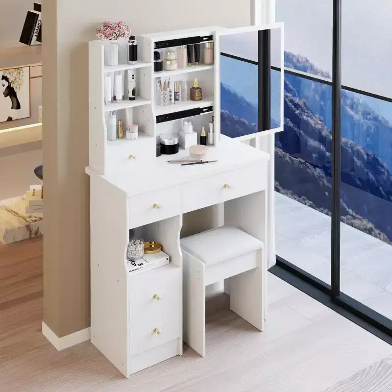 Toeletta Compatta con Sgabello Imbottito – Tavolo da Trucco da 74 cm con Specchio