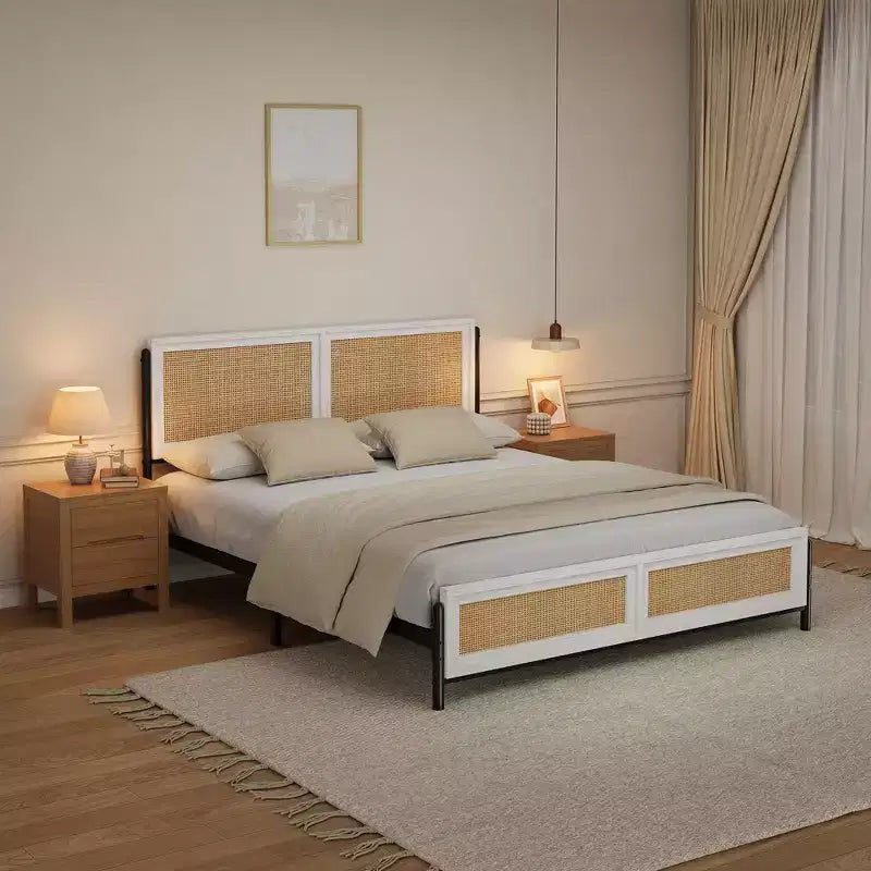 Struttura letto matrimoniale stile bohémien in rattan – Testiera intrecciata naturale matrimoniale e alla francese