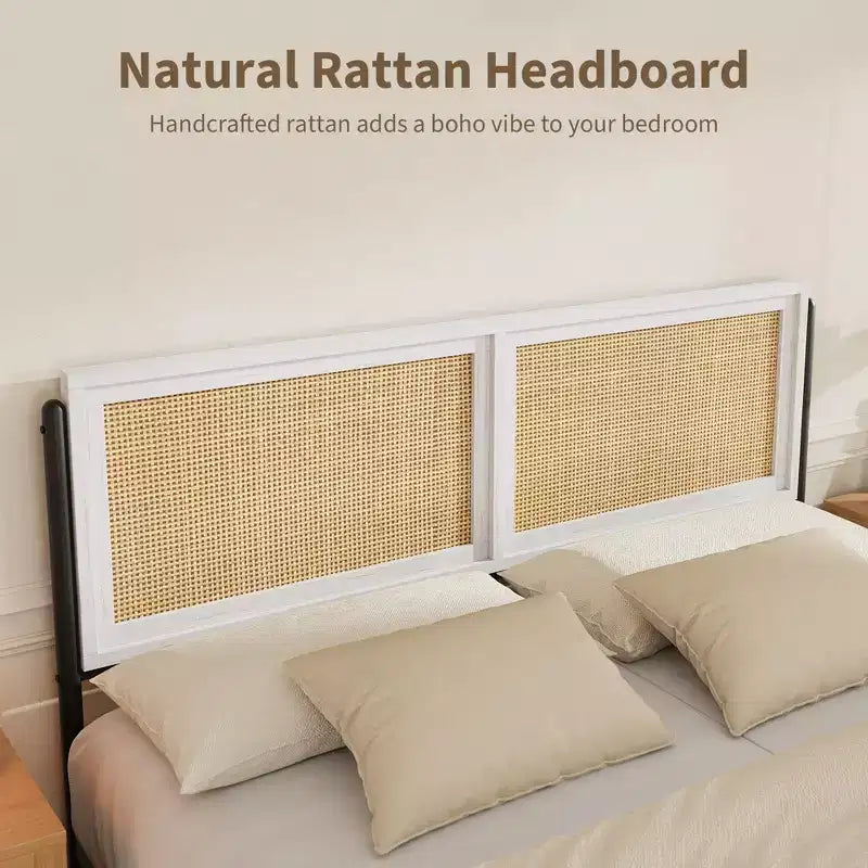 Struttura letto matrimoniale stile bohémien in rattan – Testiera intrecciata naturale matrimoniale e alla francese