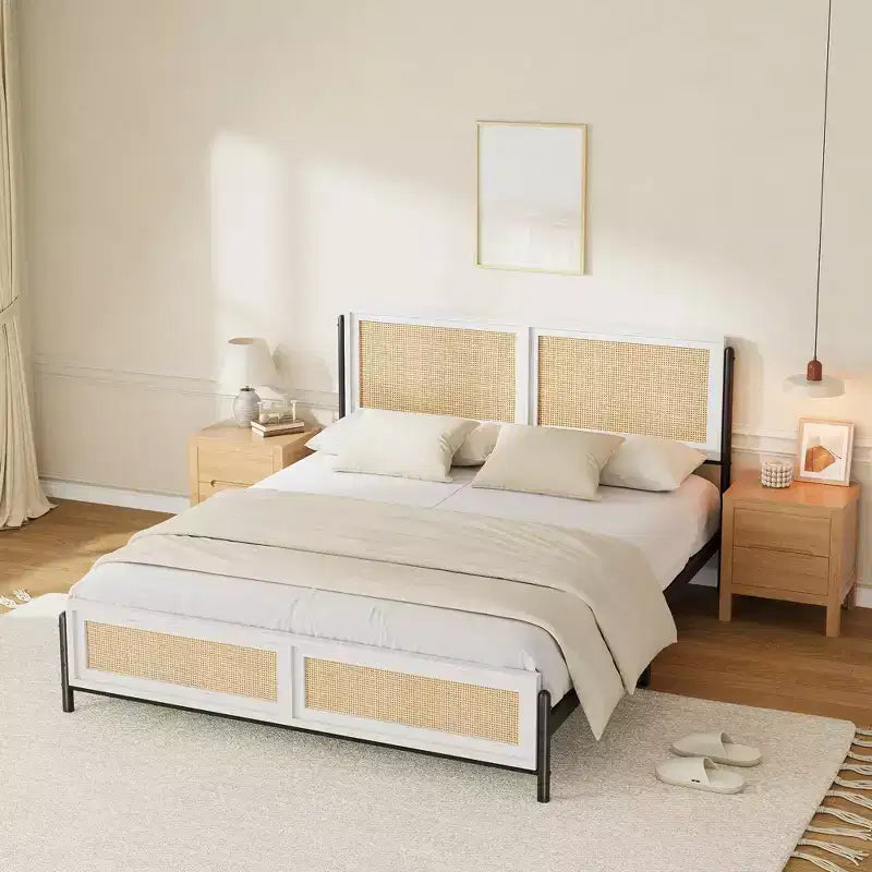 Struttura letto matrimoniale stile bohémien in rattan – Testiera intrecciata naturale matrimoniale e alla francese
