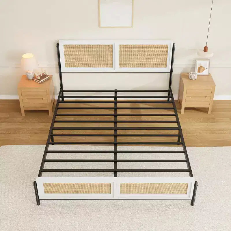 Struttura letto matrimoniale stile bohémien in rattan – Testiera intrecciata naturale matrimoniale e alla francese
