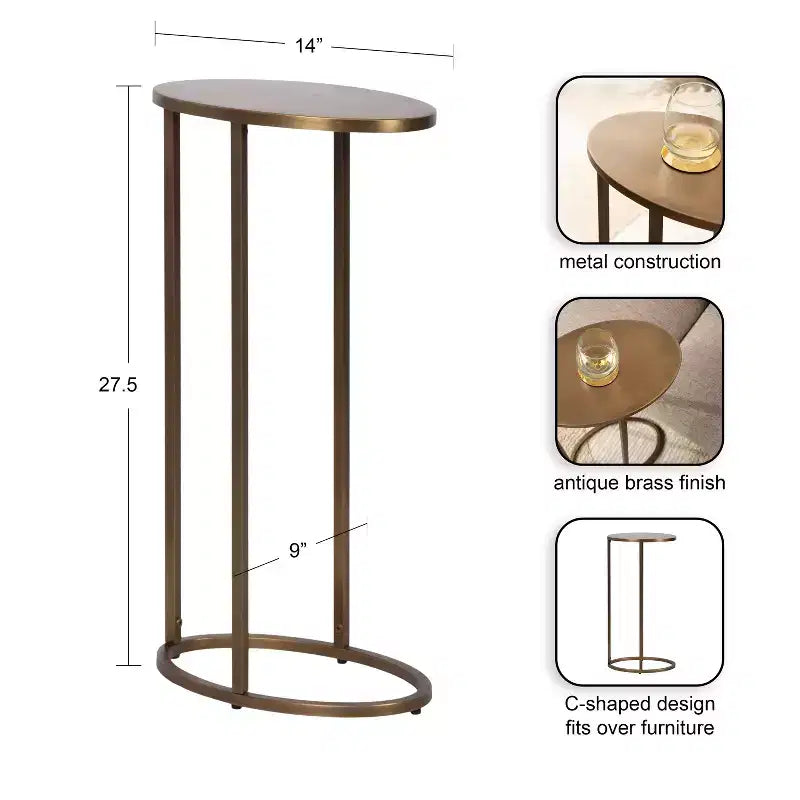 Tavolino a C ovale in metallo dorato – Tavolino da divano salvaspazio 14x9x28"