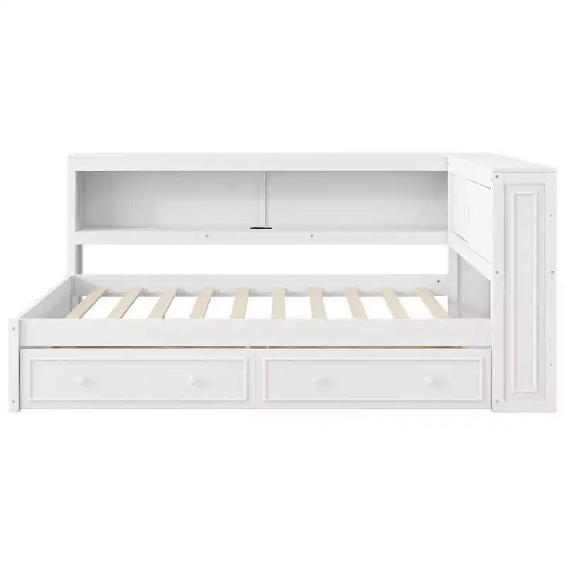 Divano letto angolare a L a grandezza naturale con contenitore, libreria e stazione di ricarica LED