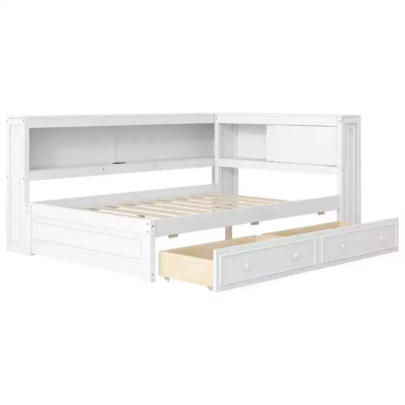 Divano letto angolare a L a grandezza naturale con contenitore, libreria e stazione di ricarica LED