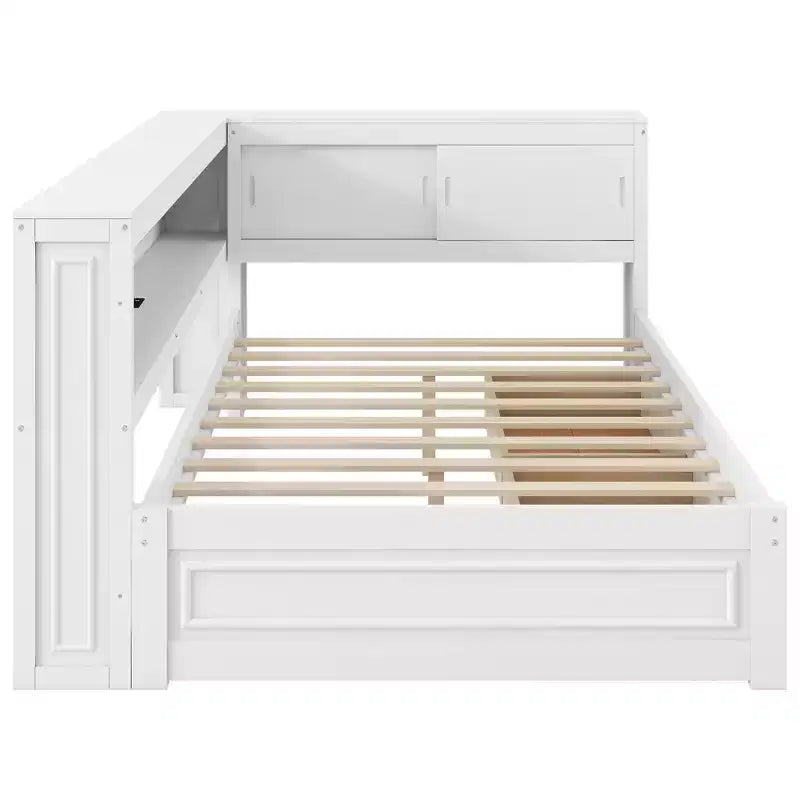 Divano letto angolare a L a grandezza naturale con contenitore, libreria e stazione di ricarica LED