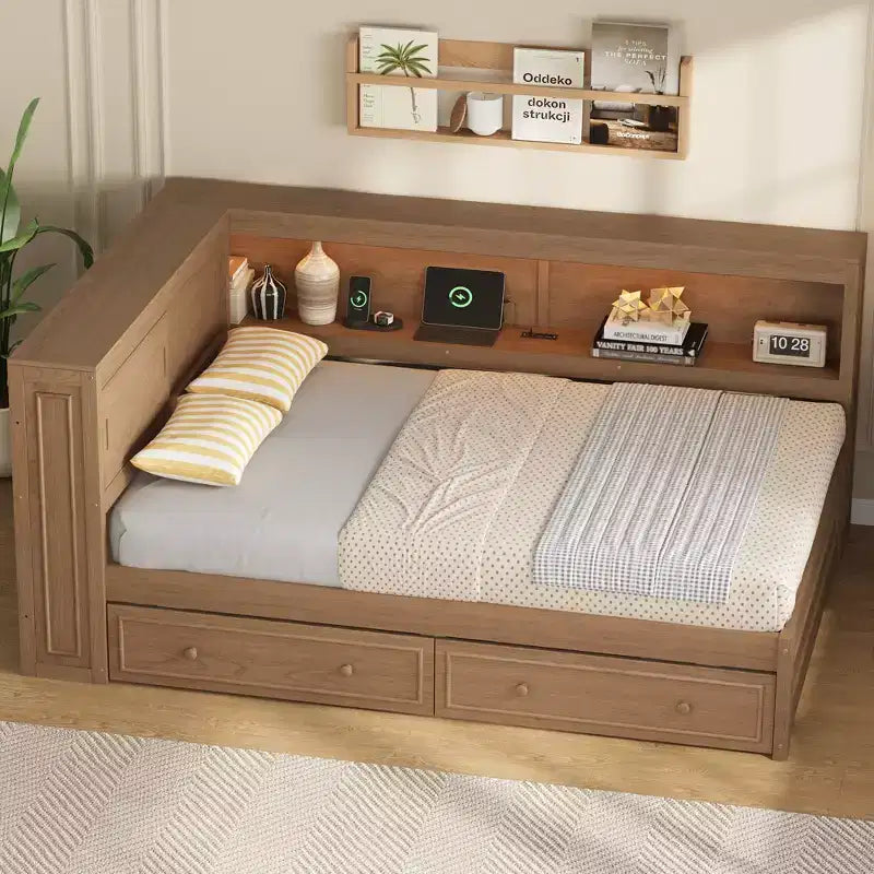 Divano letto angolare a L a grandezza naturale con contenitore, libreria e stazione di ricarica LED