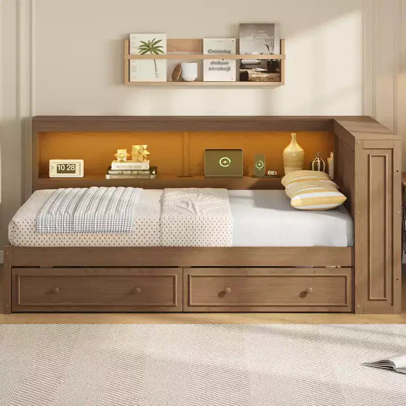 Divano letto angolare a L a grandezza naturale con contenitore, libreria e stazione di ricarica LED