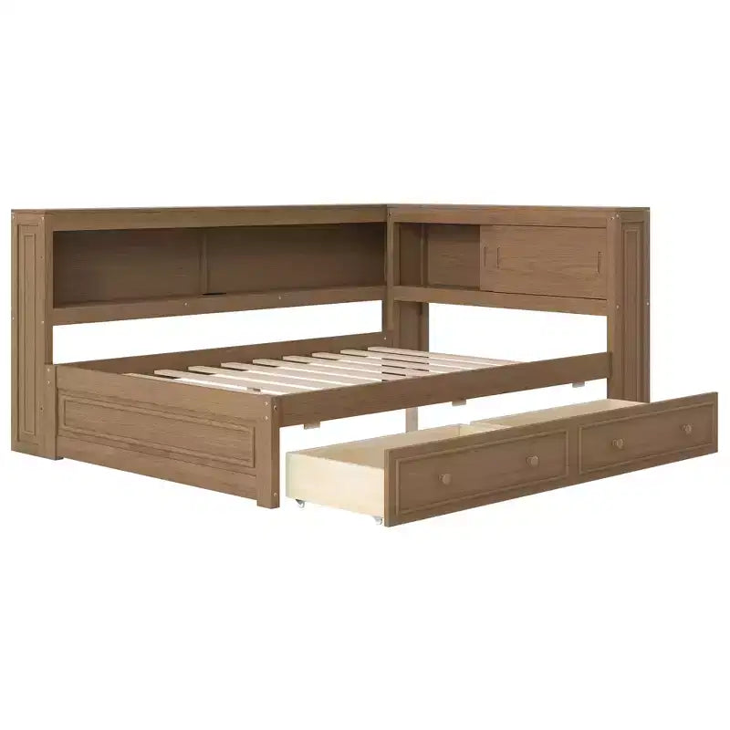 Divano letto angolare a L a grandezza naturale con contenitore, libreria e stazione di ricarica LED